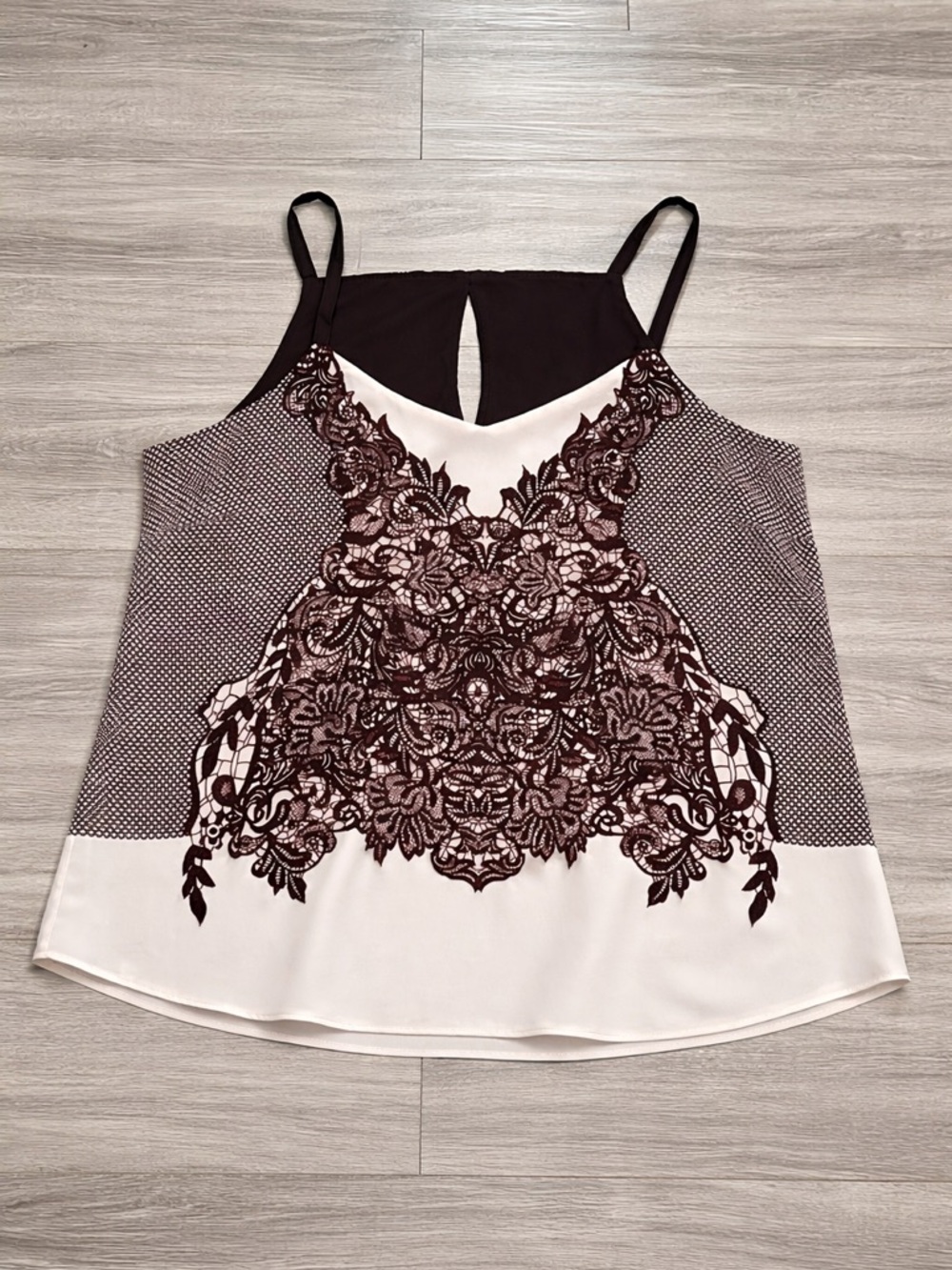 Lace Print Tank Top | Size 20 | Maroon & Cream | Keyhole Back